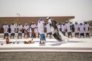 Abdulrahim Salem, _The Unknown Sailor_ (2023). Produced by Sharjah Art Foundation. Performance view: Sharjah Biennial 15, Kalba Ice Factory (7 February–11 June 2023). Courtesy Sharjah Art Foundation. Photo: Motaz Mawid.